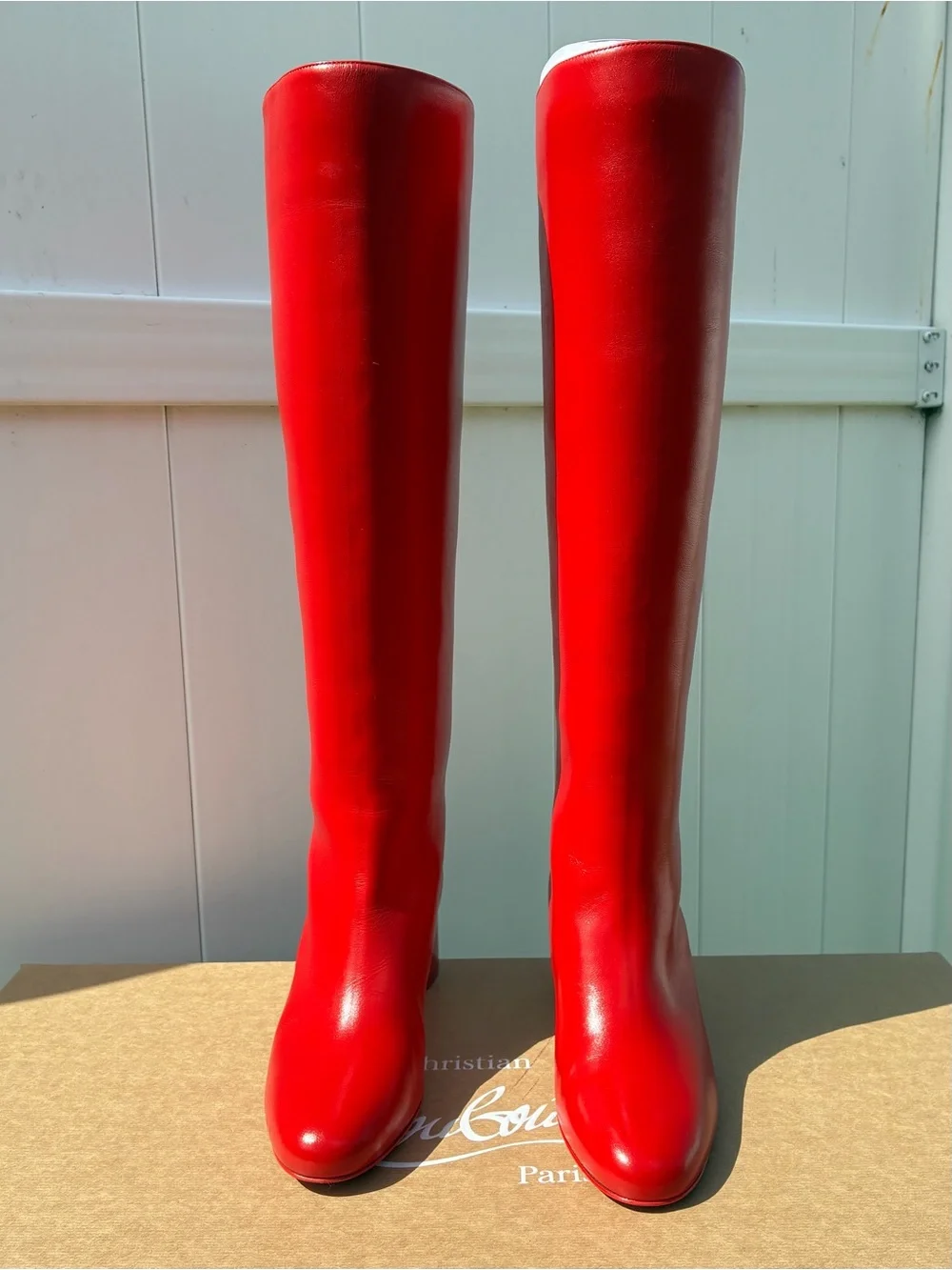 CHRISTIAN LOUBOUTIN JANITTA 55 RED LEATHER BLOCK HEEL KNEE-HIGH BOOTS SZ 38.5
